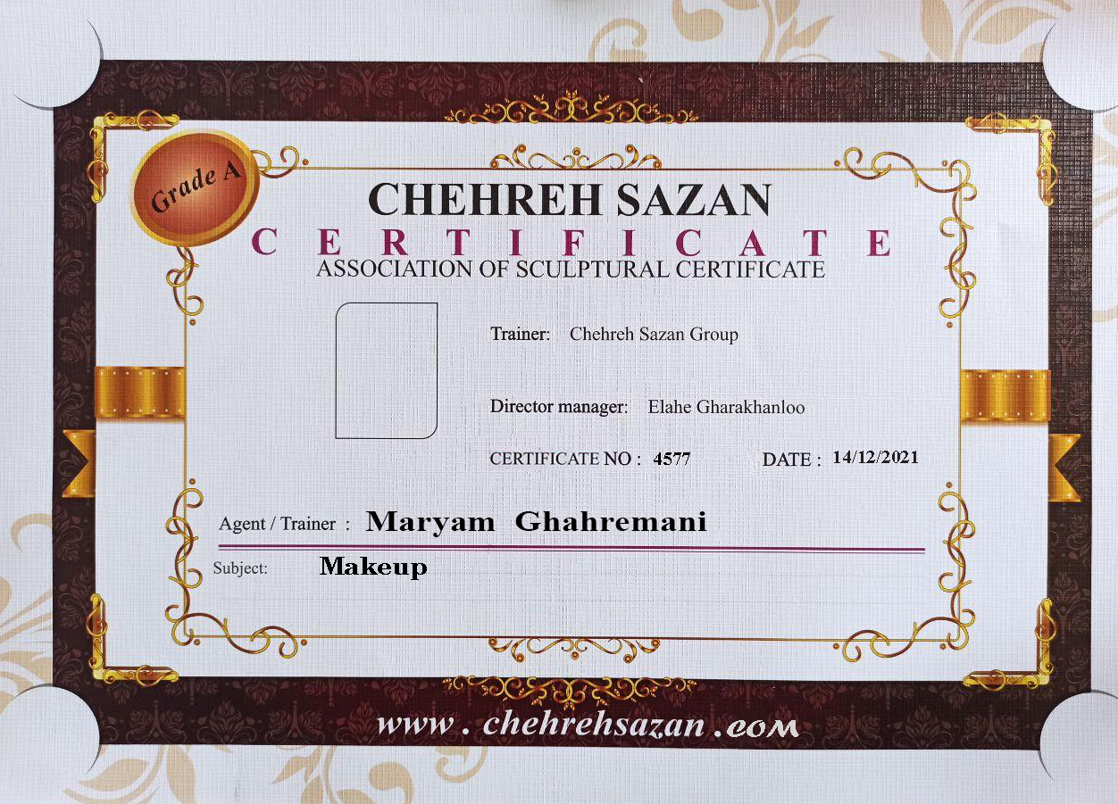 Maryam ghahremani makeup training certificate, Skin, Skin certificate, Skin training, makeup training Maryam ghahremani, makeup certificate Maryam ghahremani